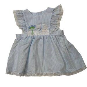 Vintage baby dress white blue striped kitten and flowers lace trim girls 18 mo